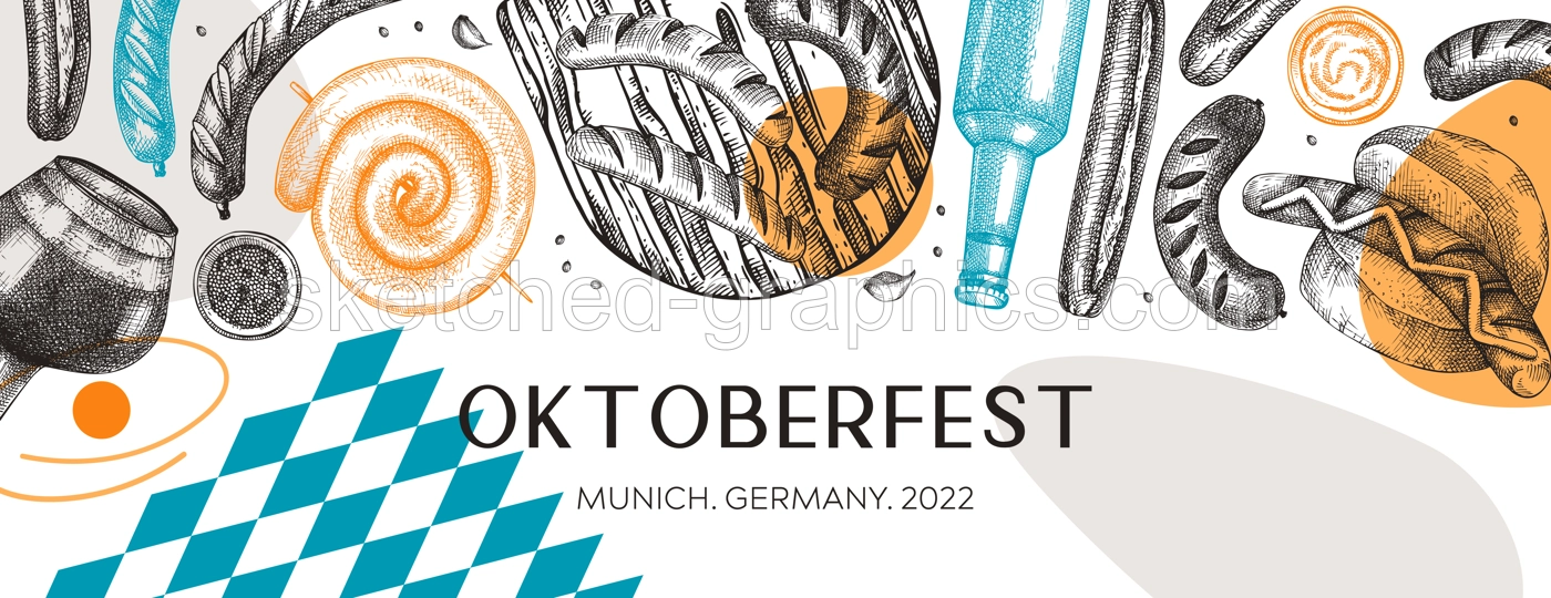 Oktoberfest background in collage style. Grilled sausage frame. Hand-drawn fast food illustration. Barbeque party sketched banner. German food and beer trendy design for German beer festival menu Illustration